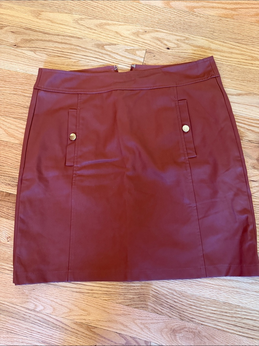 LOFT Faux Leather Burgundy Mini Skirt with Gold Buttons